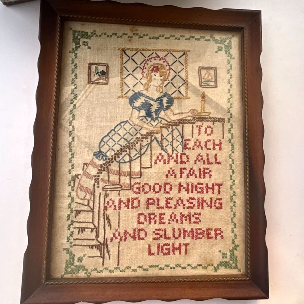 Vintage framed cross stitch sampler Victorian girl on steps; cottagecore - Picture 3 of 7